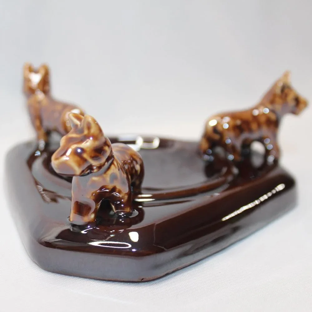 Vintage Trio Brown Scottish Terrier Dogs Ceramic Trinket Dish